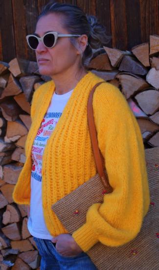 Preview: Cardigan, Strickjacke Mila Mango von INTI Knitwear, Grobstrick, Ballonärmel, Alpakawolle